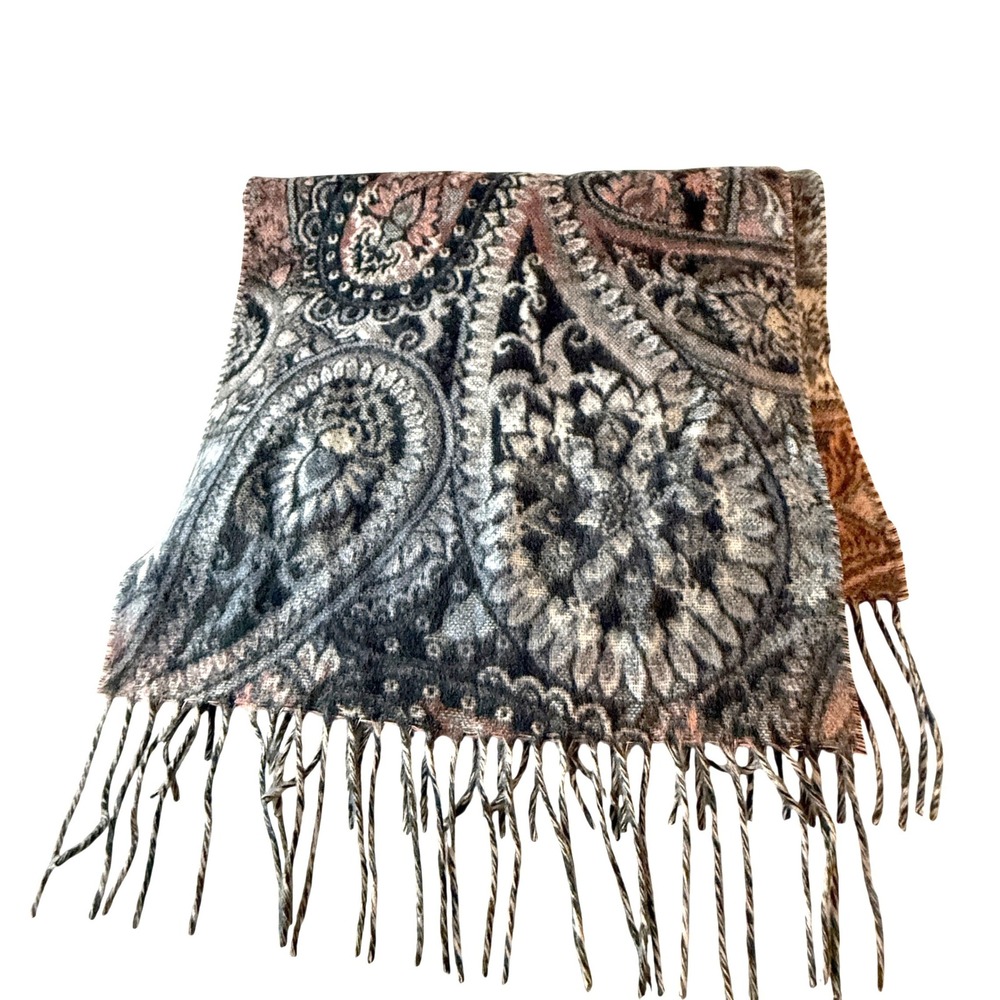 V. Fraas Cashmink Paisley Scarf Gray Dusty Rose Acrylic Fringe Made Germany